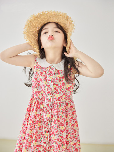 Ladies' Spring and Summer New Red Floral Print Blouse Dress, Pure Cotton Sleeveless Collar Sweet Princess Dress