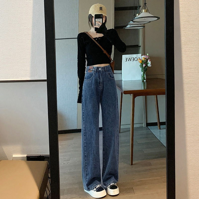 Loose Straight-Leg Jeans Women's Petite Leather Brand All-Match Design Sense bf Style Slimming High Waist Wide-Leg Trousers Loose Straight-Leg Jeans Women's Petite Leather Brand All-Match Design Sense bf Style Slimming High Waist Wide-Leg Trousers