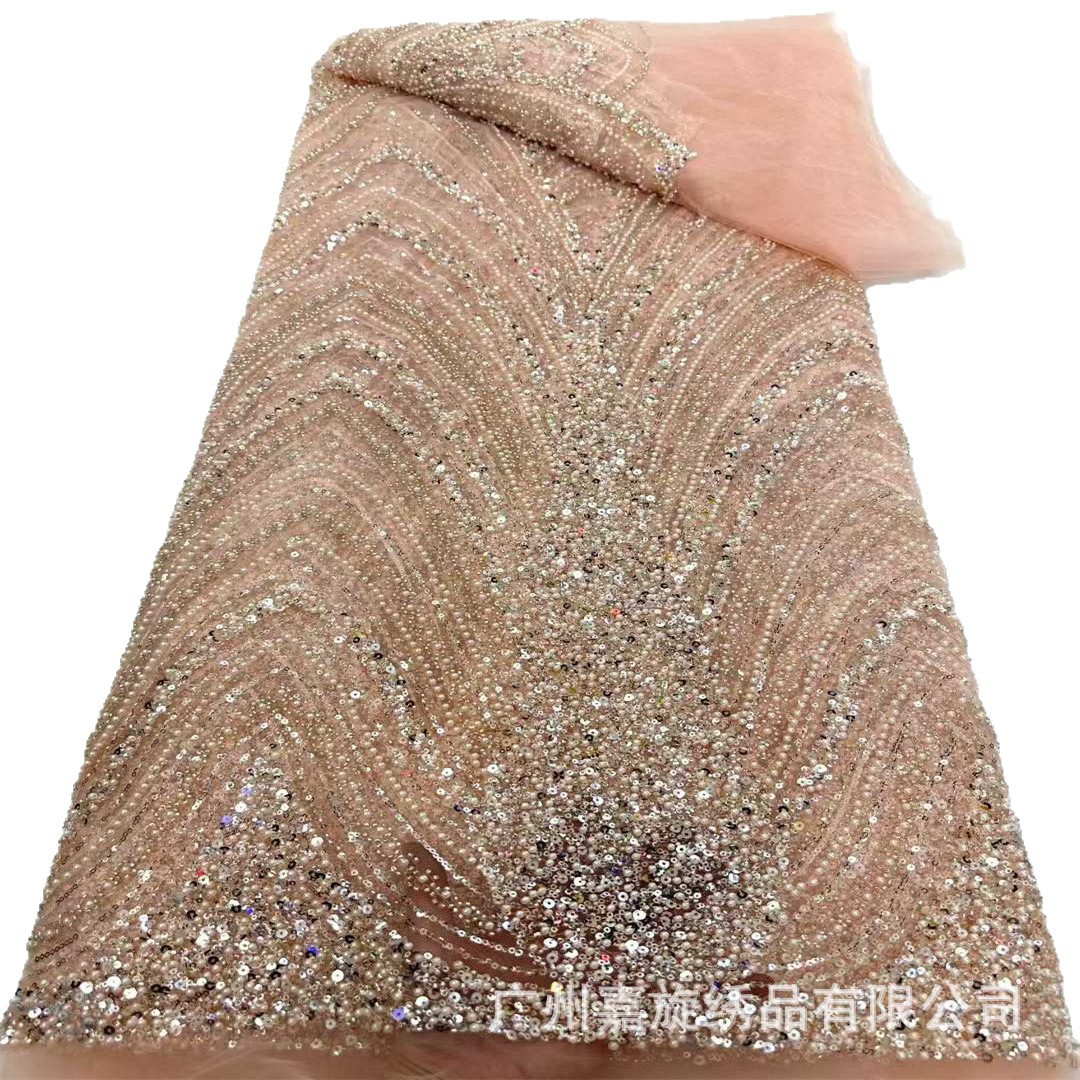 Doble V rayas de malla sequinilla tubo de cuentas bordado vestido de boda tela bordada cuentas suministro de stock de encaje