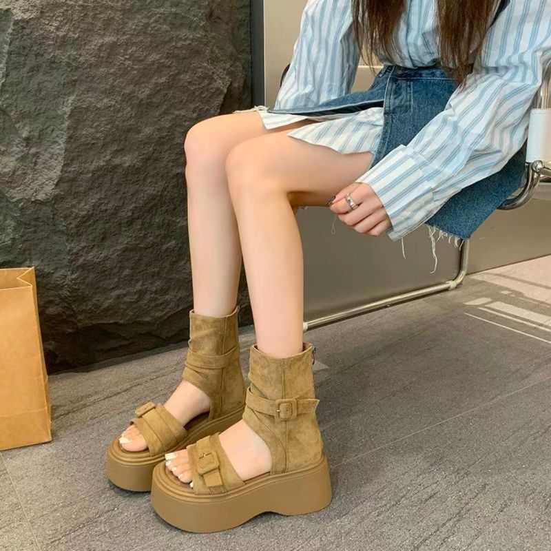 Retro botas romanas de fondo grueso para mujeres otoño y verano 2026 nueva moda versátil botas con cremallera trasera aumentando la altura de los zapatos romanos