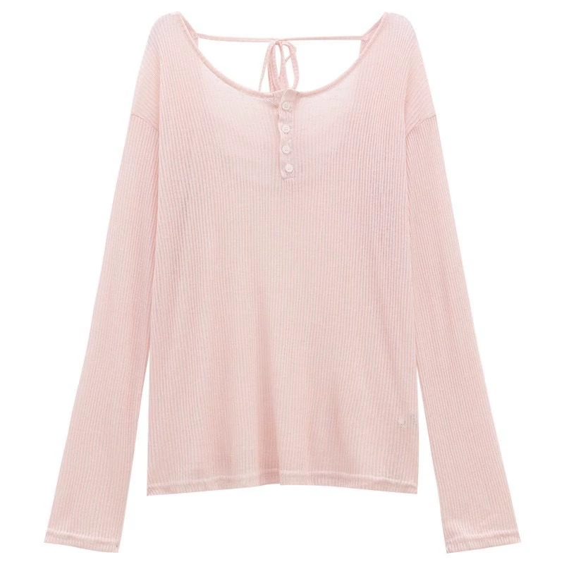微与 ~Lanky style loose and slim-looking top pure backless pink sunscreen blouse women's lace-up blouse