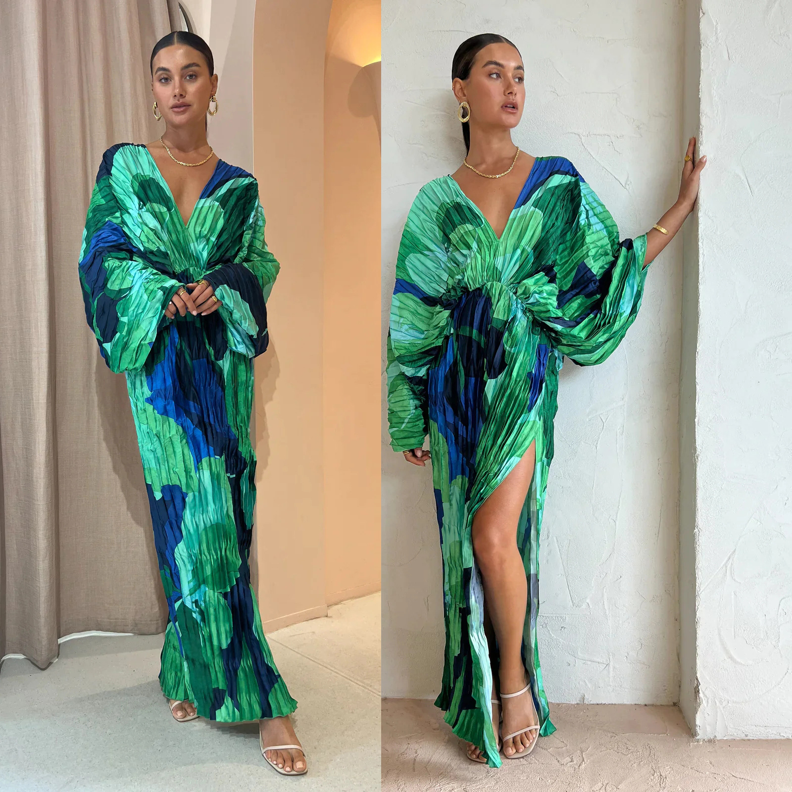 245g Weight Maxi Long Dress Dress Length Type 3/4 Length Sleeve Sleeve Length Wholesale Women's Casual Slit Zipper Backless Printing Holiday Travel V Neck 3/4 Length Sleeve Regular Dress