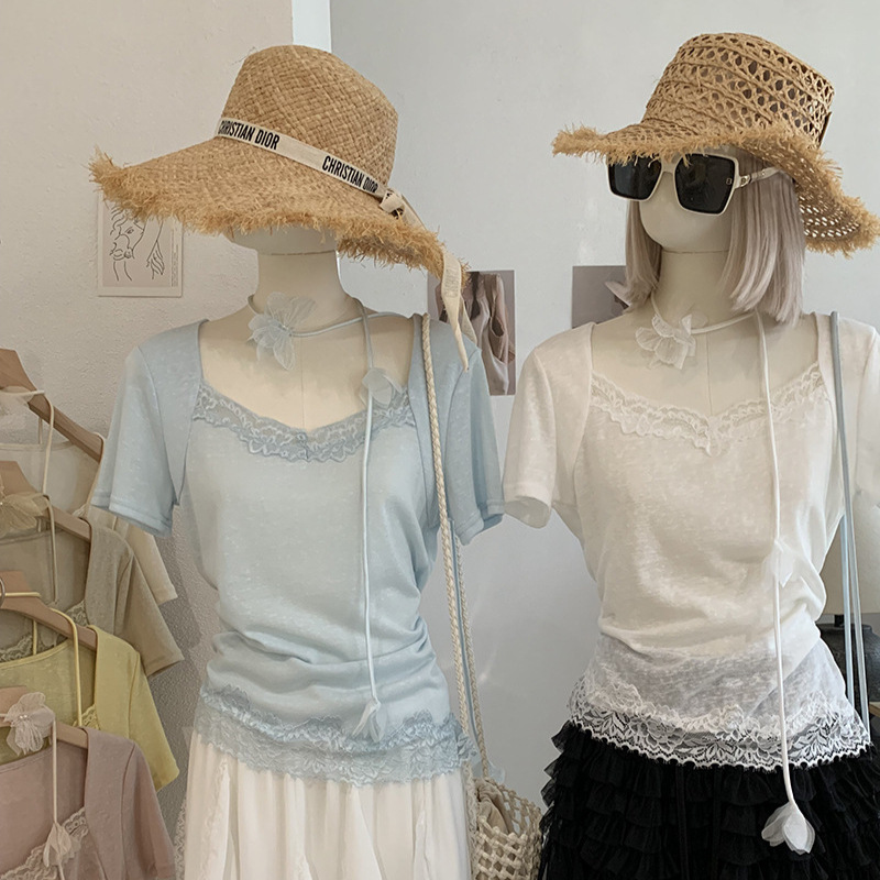 Kekezoon Elegant Lace Splicing Square Neck Short-Sleeved T-Shirt with Ribbon, Gentle Style, Summer Fashion Top for Women 7835 Kekezoon Elegant Lace Splicing Square Neck Short-Sleeved T-Shirt with Ribbon, Gentle Style, Summer Fashion Top for Women 7835