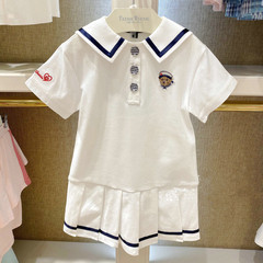 2024夏季新款小熊兒童卡通海軍風翻領連衣裙女童寬鬆時尚裙子