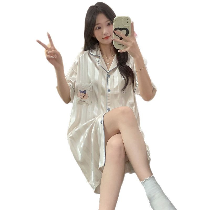 2025 nuevo jacquard hielo vestido de dormir mujer de verano de mangas cortas delgado lindos cardigan de seda vestido largo de verano