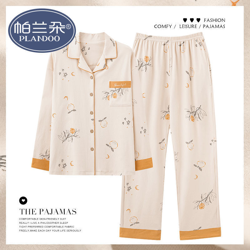 Pijama de algodón femenino primavera y otoño mangas largas dulces y sueltas grande otoño y invierno conjunto de ropa para el hogar