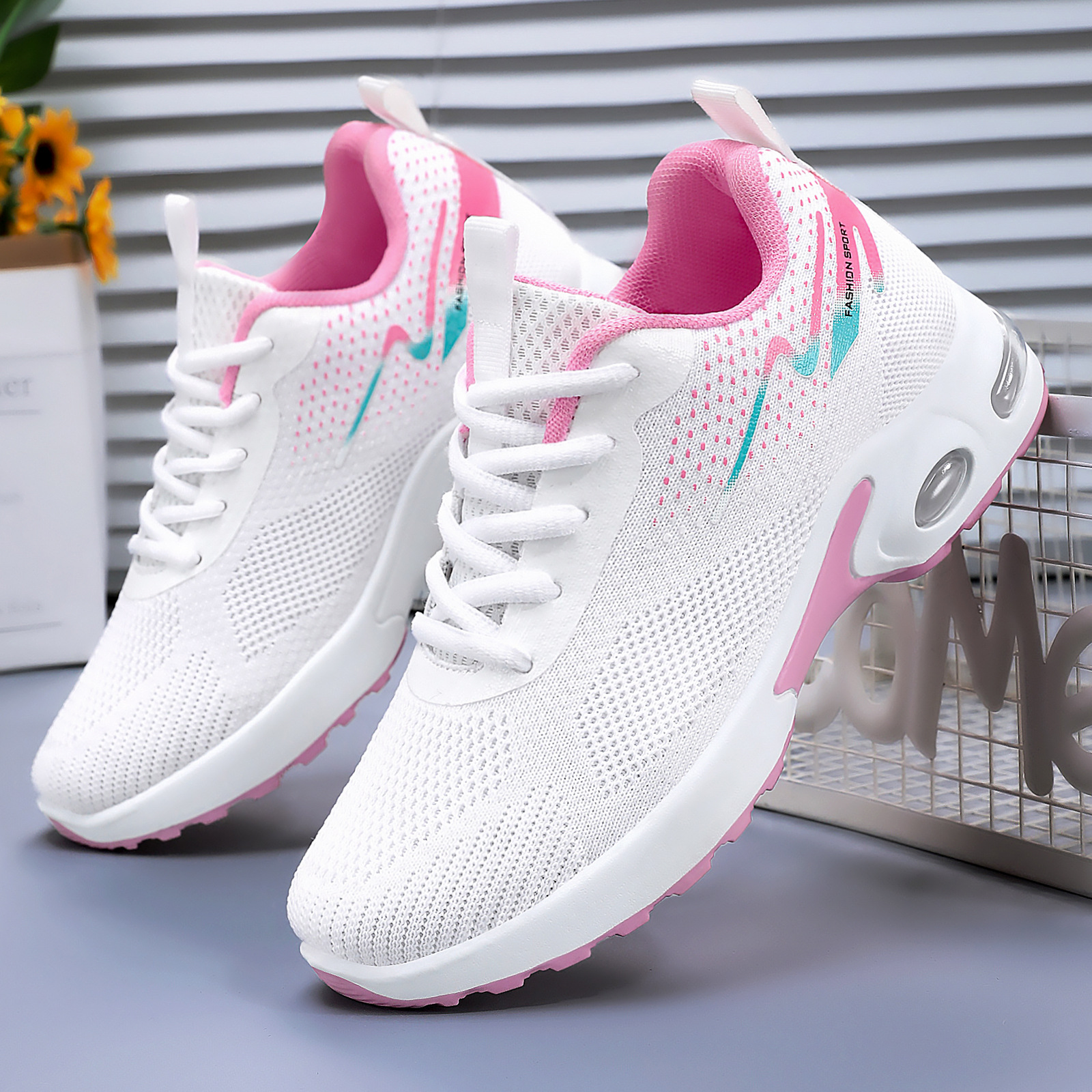Women's Shoes New Air-Cushion Sports Shoes Cross-Border Thick-Soled Running Shoes Large Size Breathable Single Shoes Fly-Woven Mesh Shoes for Women