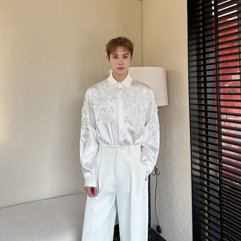 Spring 2025 New Korean Style Trendy Brocade Stereoscopic Sequins Embroidered Lapel Long Sleeve Shirt Light Luxury Design Shirt