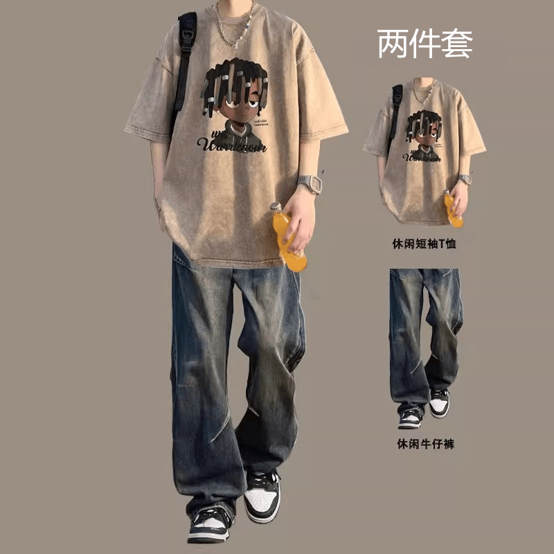 美式短袖套装男生水洗T恤一套搭配高街牛仔裤痞帅男装两件套夏