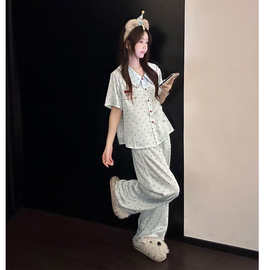 韩系浅蓝波点印花娃娃领冰丝睡衣女夏季短袖长裤家居服套装可外穿