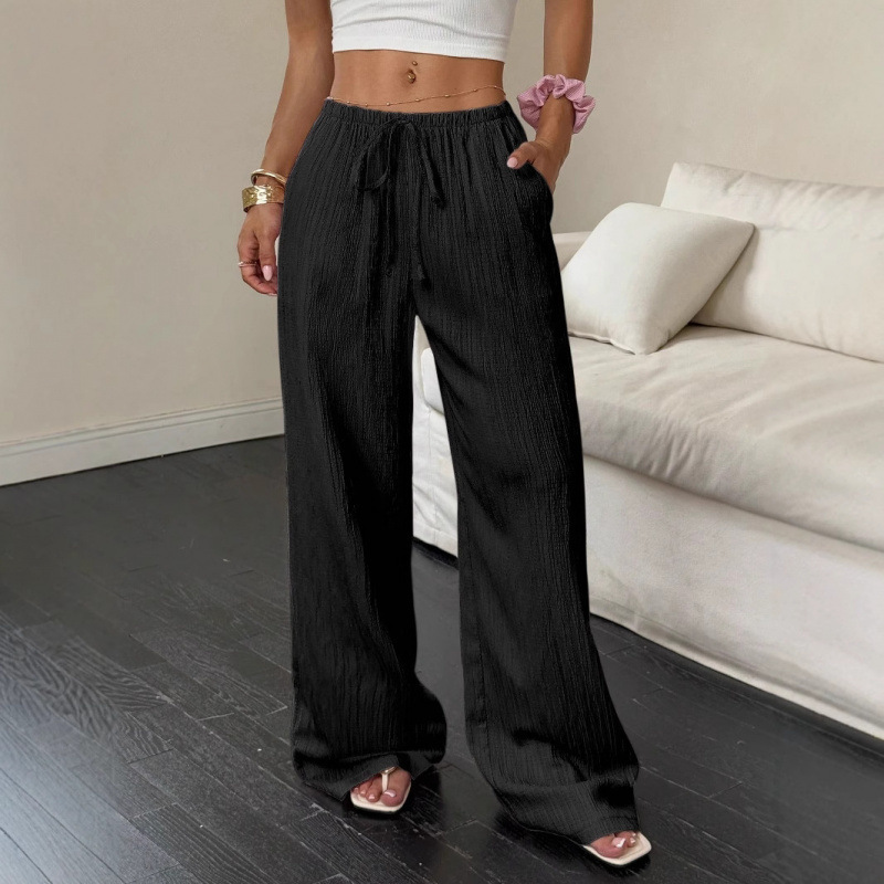 Sommer 2025 – Neue Cross-Border Damen-Freizeithose aus einfarbigem, strukturiertem Stoff mit Knotenbund, schrägen Taschen und weitem Bein_voghion.com