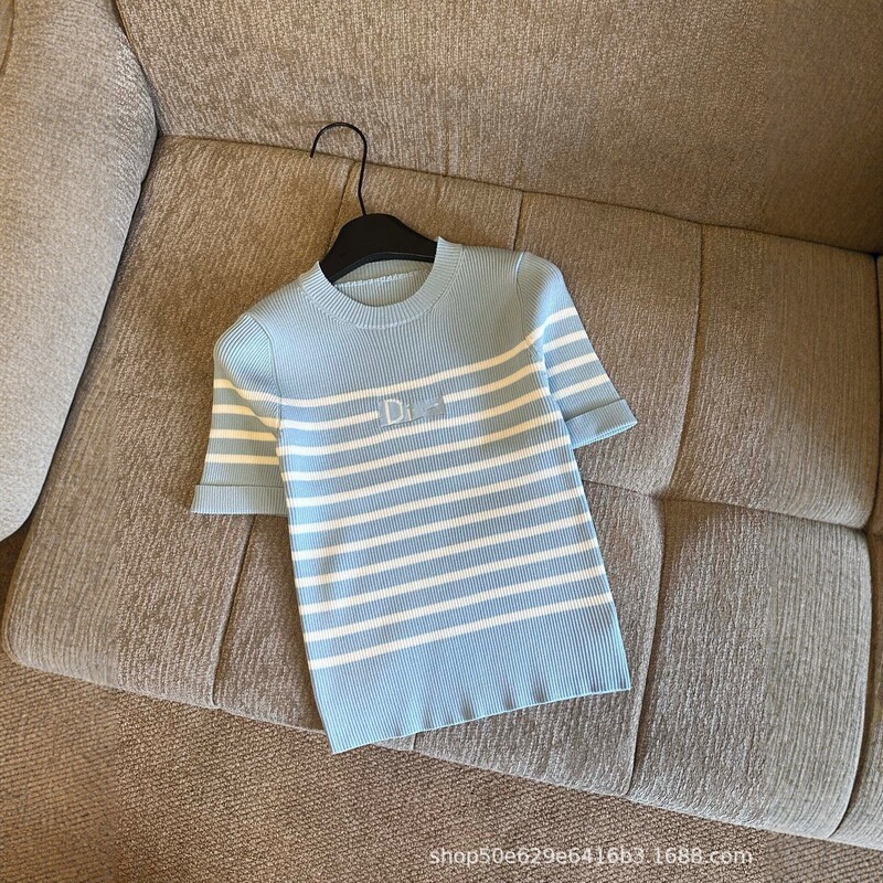 D+26 New Summer Style Letter Jacquard Contrast Stripes Slim Fit Stretch Short-Sleeved Knitwear T-Shirt for Women D+26 New Summer Style Letter Jacquard Contrast Stripes Slim Fit Stretch Short-Sleeved Knitwear T-Shirt for Women