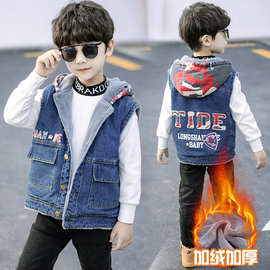 男童加绒牛仔马甲中小童秋冬坎肩外套宝宝儿童连帽背心牛仔衣马夹