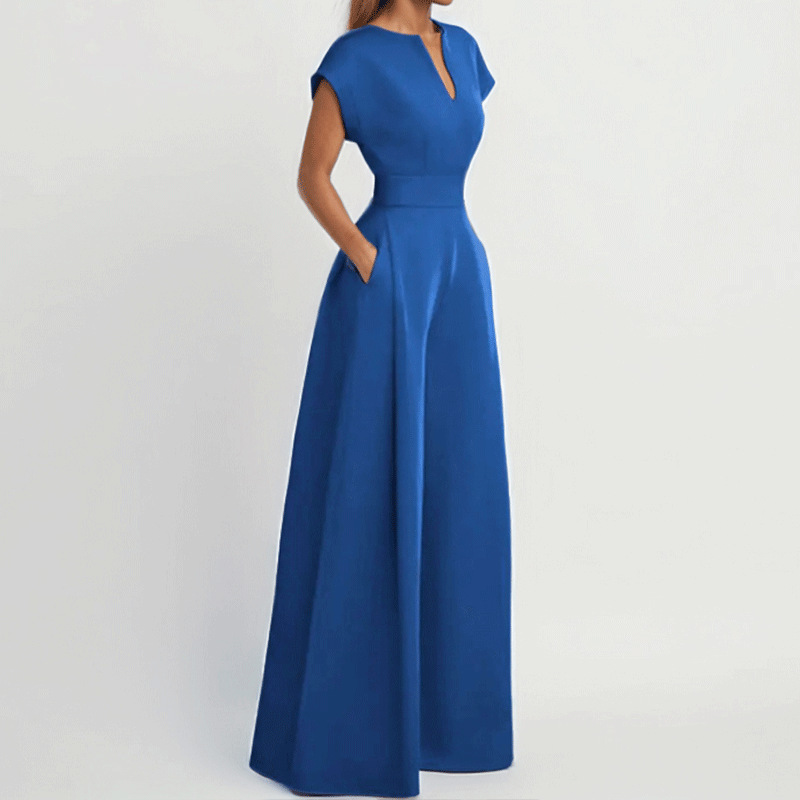 2026 Spring New Style Cross-Border European and American Women's Fashion Elegant V-Neck Solid Color Slim Fit Wide Leg Jumpsuit