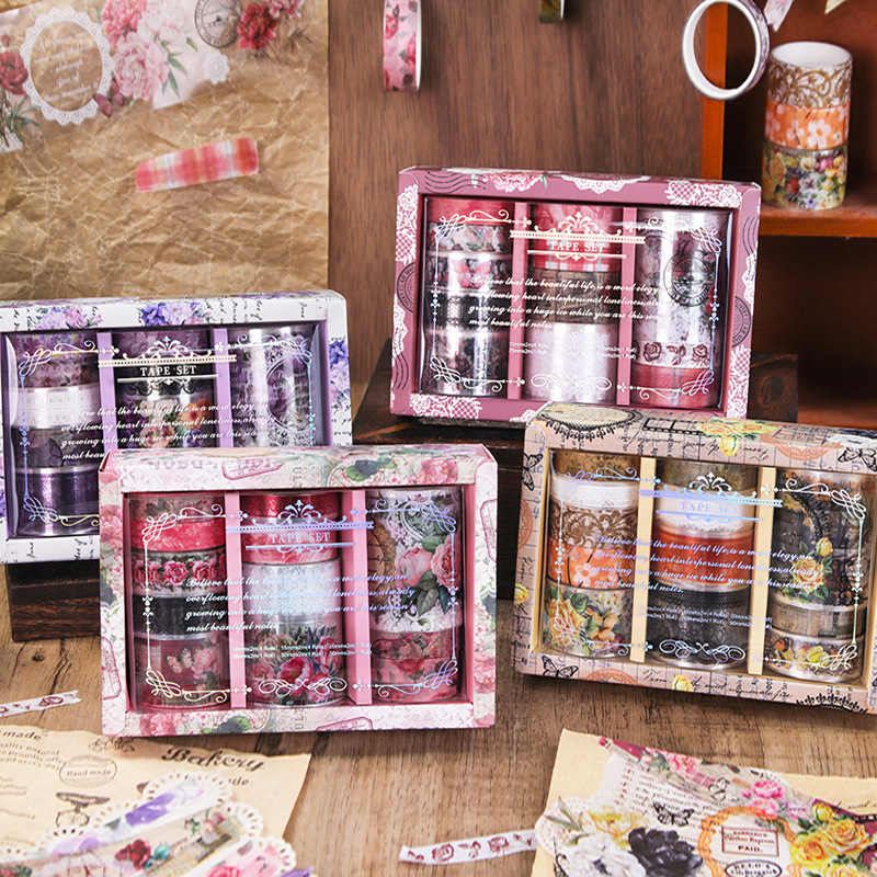 Explosiones transfronterizas de 12 rollos retro y papel conjunto de cinta adhesiva decoración DIY pegatinas de cuentas de mano decoración pegatinas de material de base