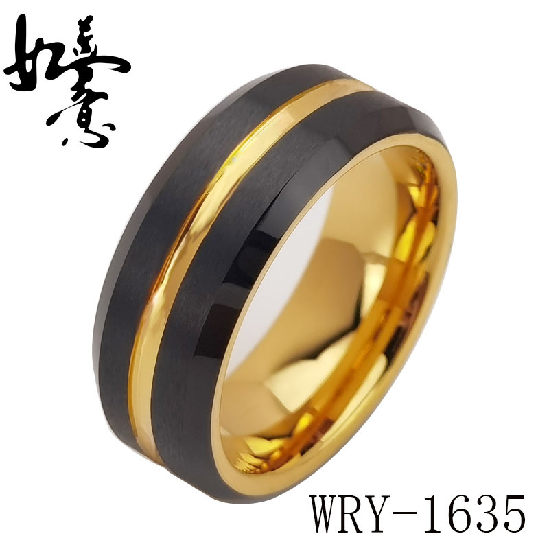 Cross-Border Eight Wide Jewelry Batch European and American Fashion Tungsten Steel Ring Black Gold Two-Color Men's Simple Ring Ready for Sale