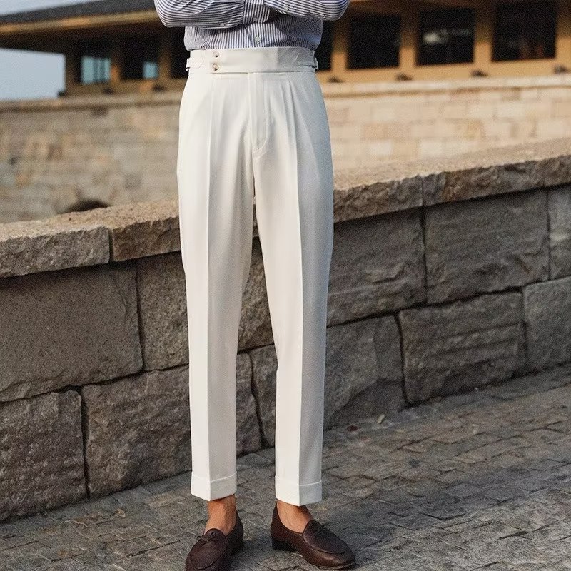 Khaki casual trousers for men, summer style, mature and sophisticated, slim fit, trendy brand, cropped trousers.