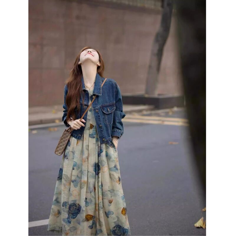 French high-end super good-looking micro-fat plus size French striped shirt dress waist slimming temperament long skirt