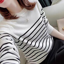 经典减龄薄款条纹羊毛针织衫女春秋宽松显圆领毛衣羊毛打底衫