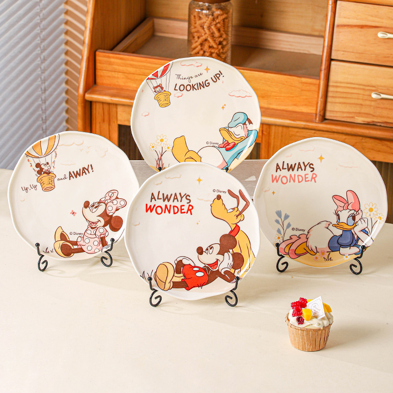 迪士尼新款石纹陶瓷浅盘奶油风家用牛排盘意面卡通西餐圆盘釉下彩