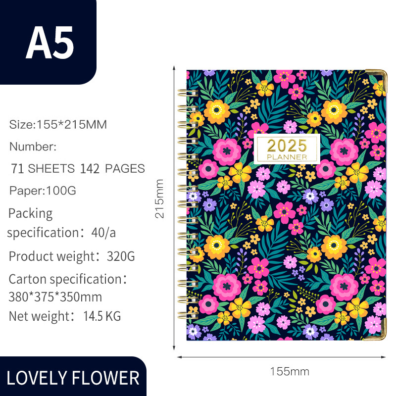 Versión en inglés transfronteriza 2025 Bloc de notas A5 Libro de círculo de doble línea Libro de planificación semanal en inglés Libro de planificación de horarios de gestión