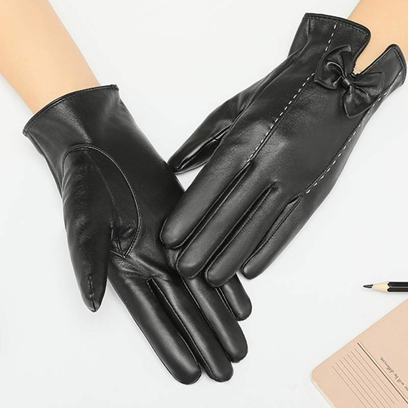 Autumn and Winter Leather Gloves Women's Thin Touch Screen Driving and Riding Motorcycle Gloves Pu Leather Plus Velvet Hand Repair Model_voghion.com