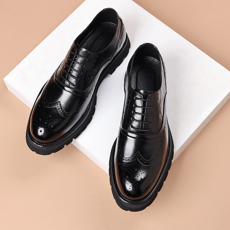 Giày da nam công sở kiểu brogue khắc hoa văn, da bò lớp đầu, đế cao su xốp nhẹ, dây buộc — Màu nâu, màu đen