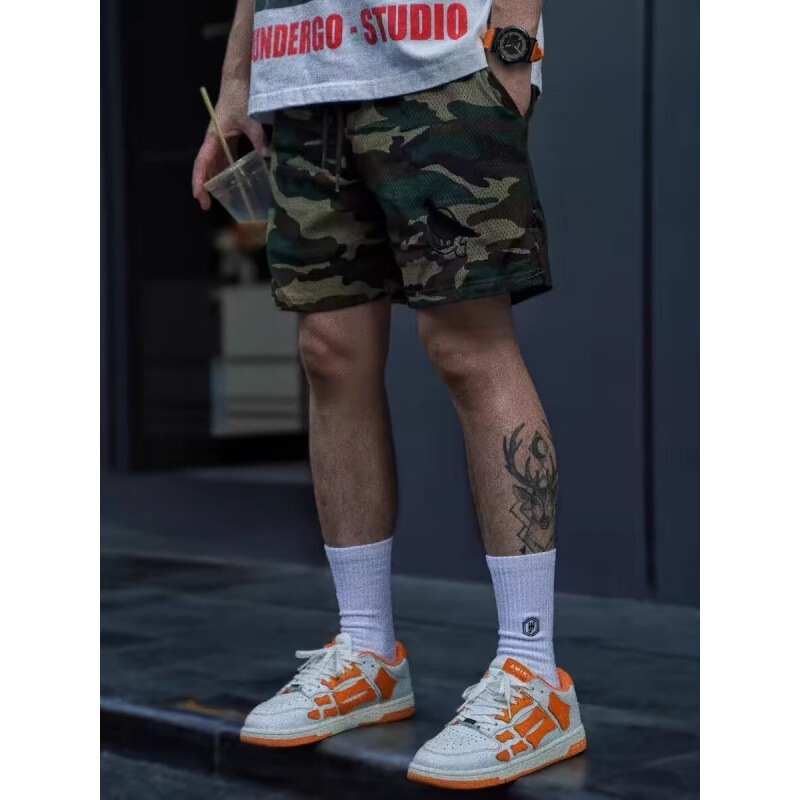 American Retro Camouflage Shorts for Men and Women, Summer Trendy Brand Mesh Breathable Fitness Knee-Length Sports Shorts