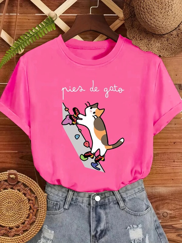 Cat Climbing Cute Printed Women's T-Shirt Casual All-Match Short-Sleeved Cotton Oversized Sportswear Summer Round Cat Climbing Cute Printed Women's T-Shirt Casual All-Match Short-Sleeved Cotton Oversized Sportswear Summer Round