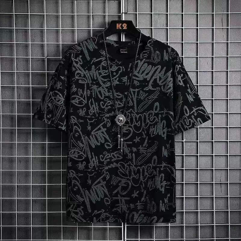 Футболка с короткими рукавами с принтом алфавита мужской летний 2024 граффити ins свободный гонконгский тренд