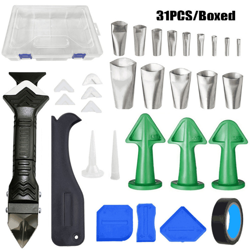 31件套填缝工具美缝阴阳刮板不锈钢填缝涂抹器金属刮刀
