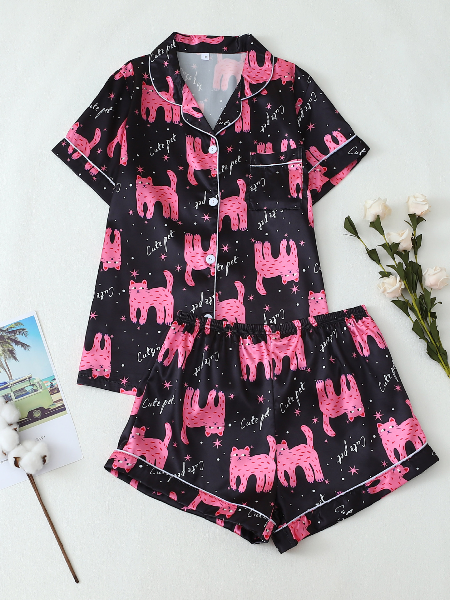 Dam pyjamas set satin svart kattryck kortärmad knapp_voghion.com