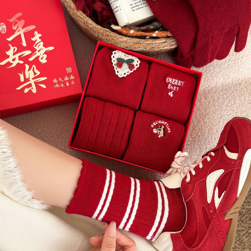 Red Socks for the Year of Birth, Autumn and Winter Women's Mid-Calf Socks, Cartoon Embroider Pattern Red Socks Wholesale Zhuji Socks