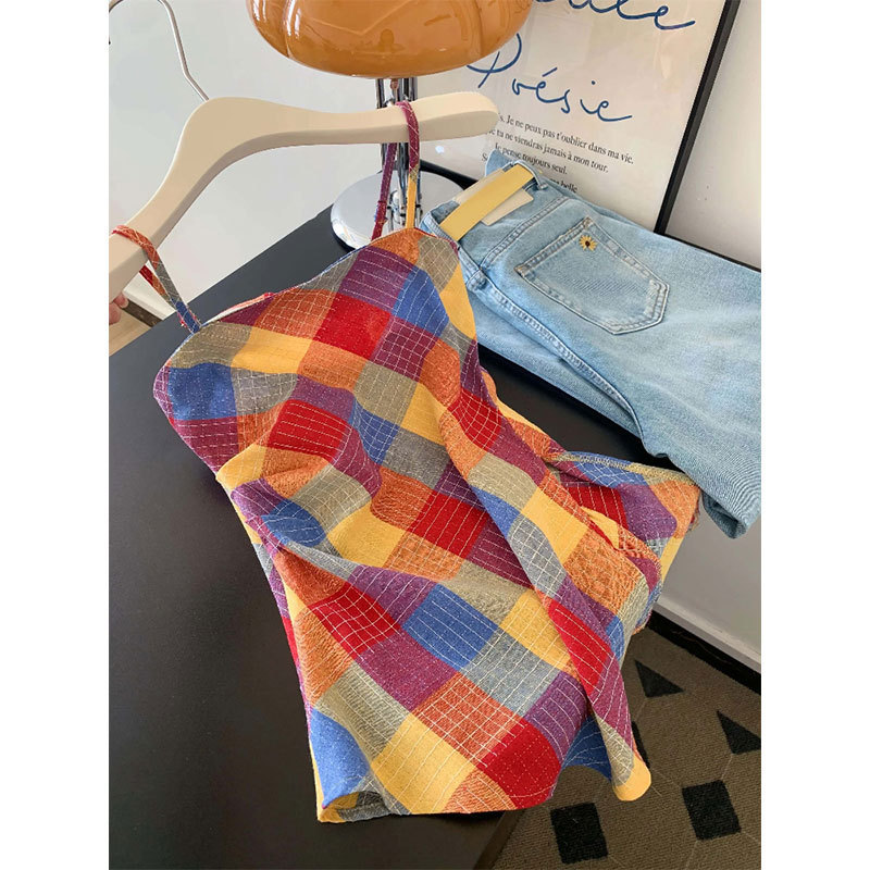 Dopamine-Colored Plaid Camisole Women's New Design Irregular Slim-Fit Slimming Hot Girl Top