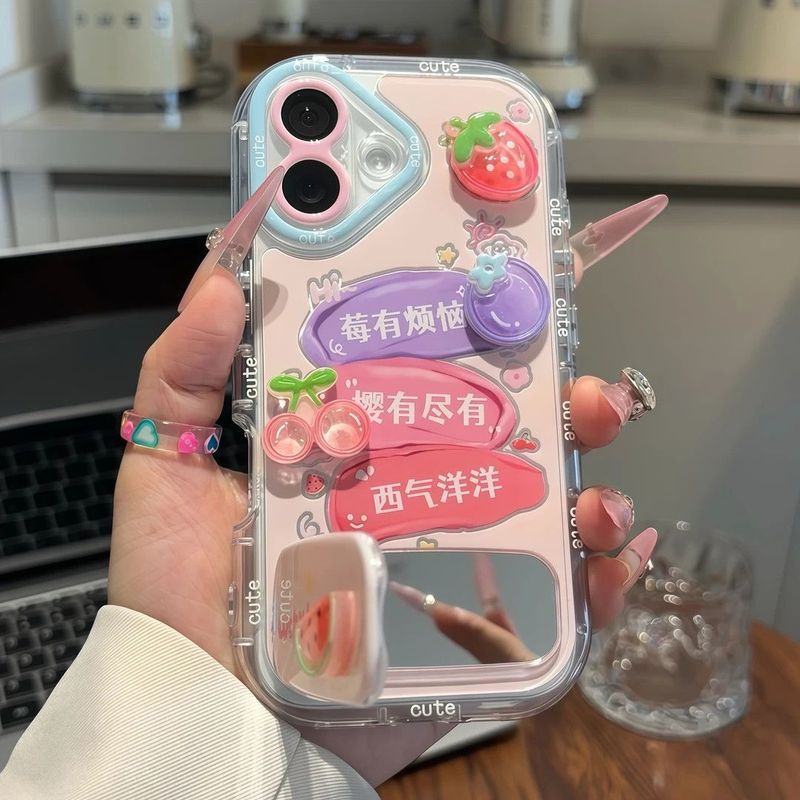莓有烦恼适用苹果16镜面支架手机壳iphone15水果贴件保护套13pro|undefined