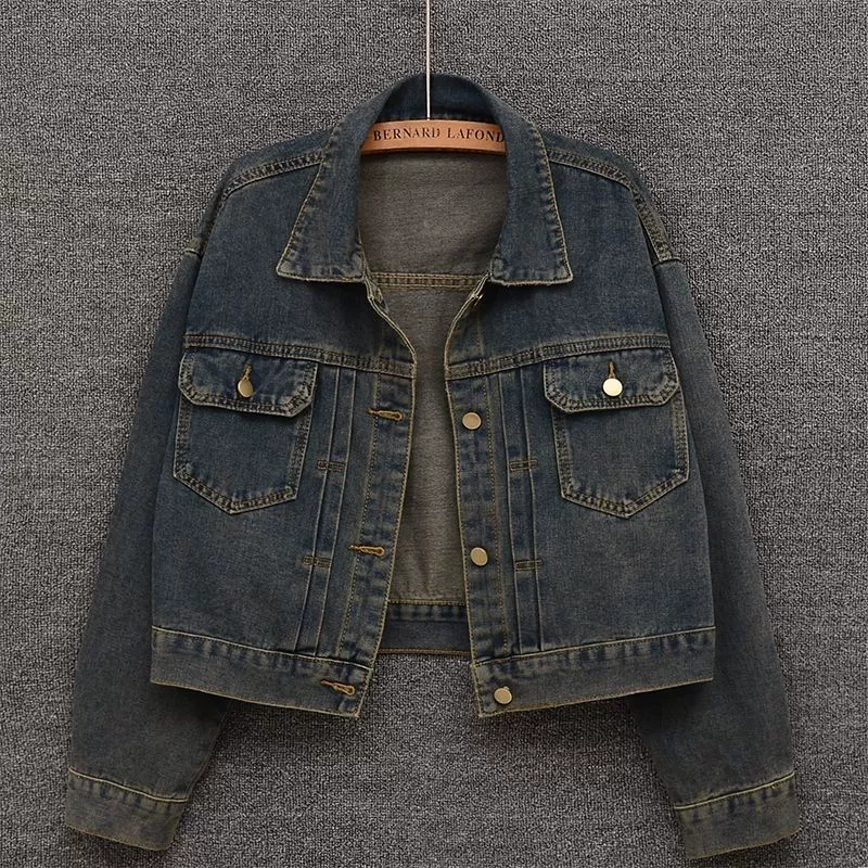 Retro dark blue denim autumn jacket, oversize