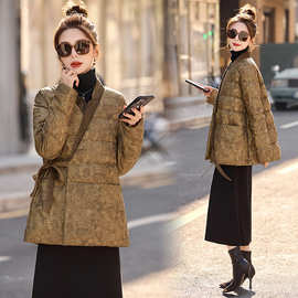 新中式国风印花羽绒服女装2025新款冬季系带气质高级感白鸭绒外套