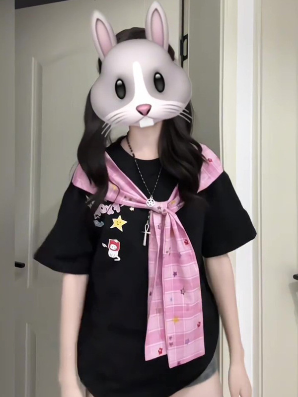 美式条纹字母印花短袖拼接格子披肩假两件T恤男女2025夏季上衣ins|undefined