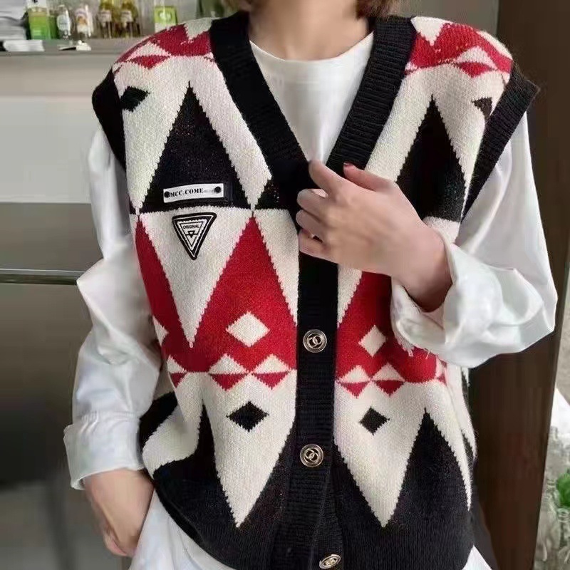 复古菱形格针织马甲女 秋冬新款宽松无袖v领坎肩韩版撞色毛衣背心