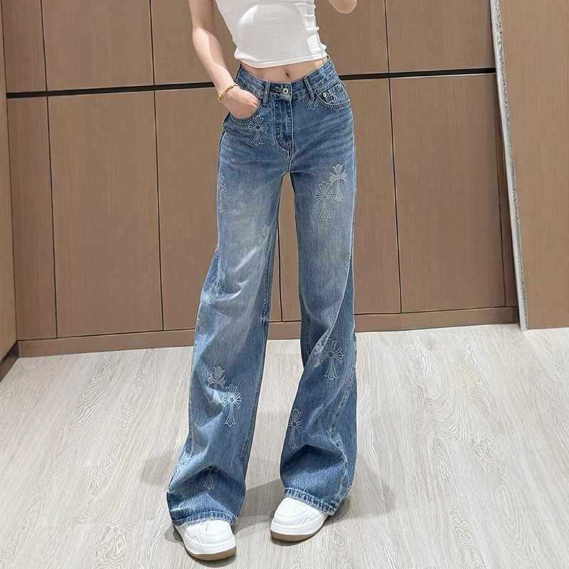 美式十字架提花刺绣高腰直筒牛仔裤女2025新款高级感窄版阔腿长裤|undefined