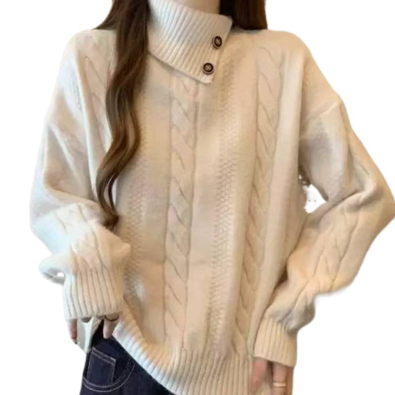 Suéter de torsión de hombro de cuello alto de alta calidad para mujeres 2025 otoño gran grasa mm con solapa irregular camisa de punto superior