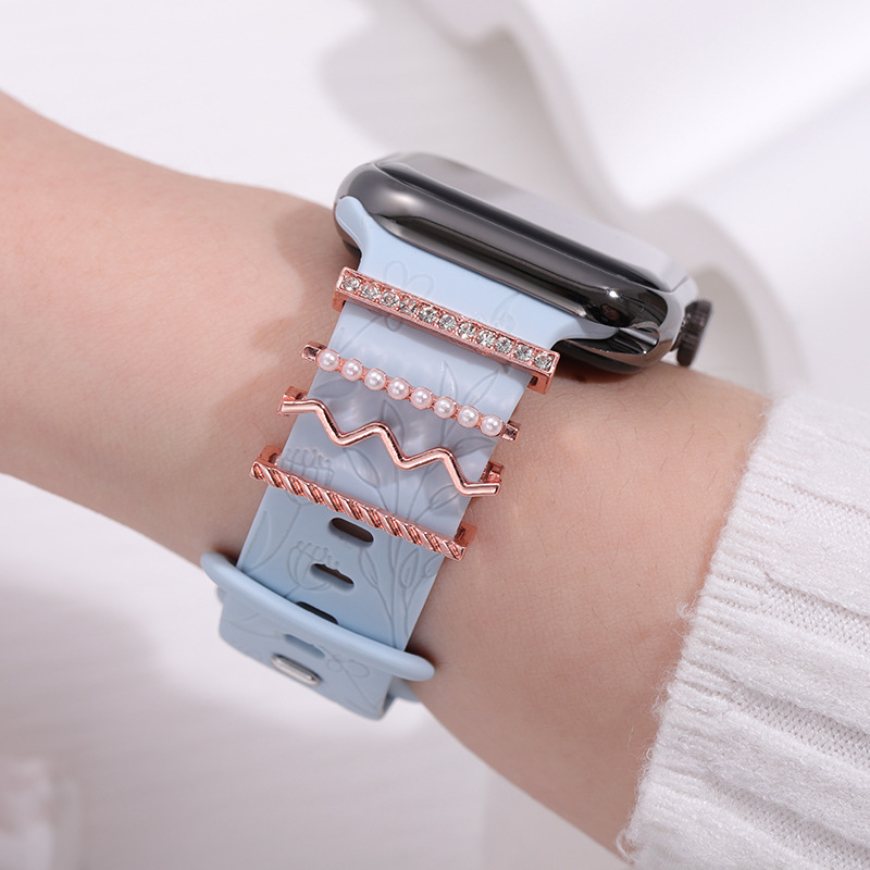 Juego de 4 anillos decorativos con perlas para correa de silicona de Apple Watch, diseño minimalista