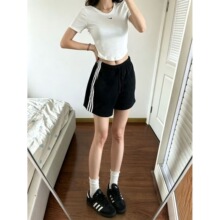 美式条纹休闲中裤女夏薄款体考抽绳运动短裤外穿显瘦宽松五分中裤