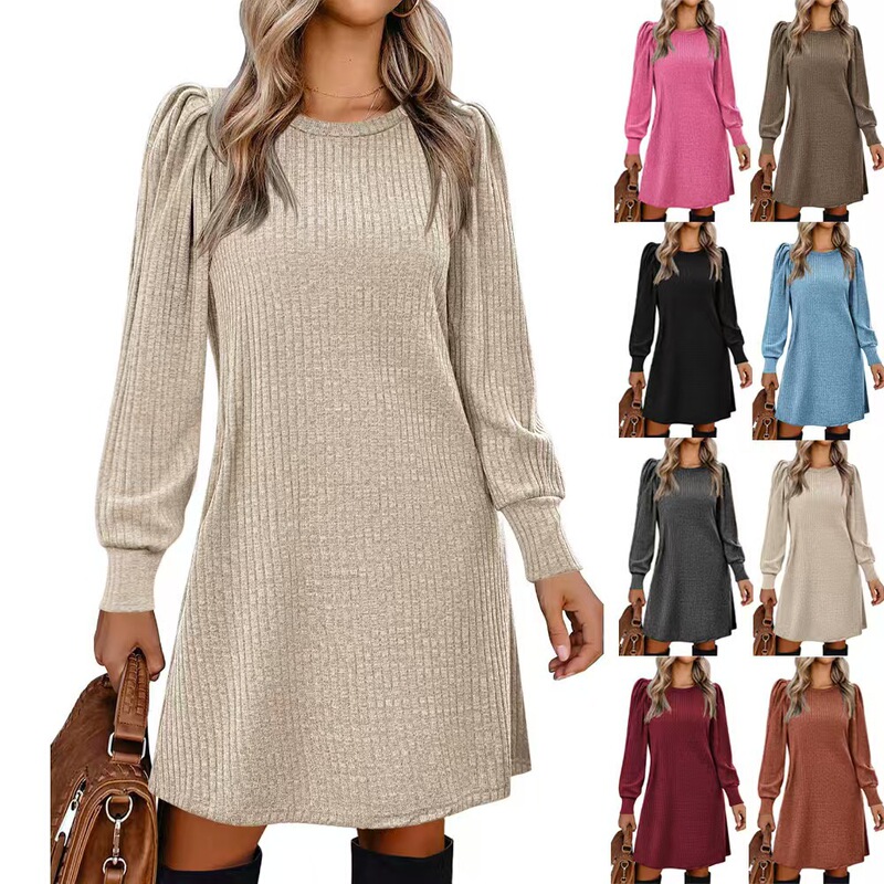 2025 Amazon Independent Station Autumn and Winter Brushed Pit Strip Solid Color Round Neck Puff Sleeve Mid-Length Dress Women's Clothing
