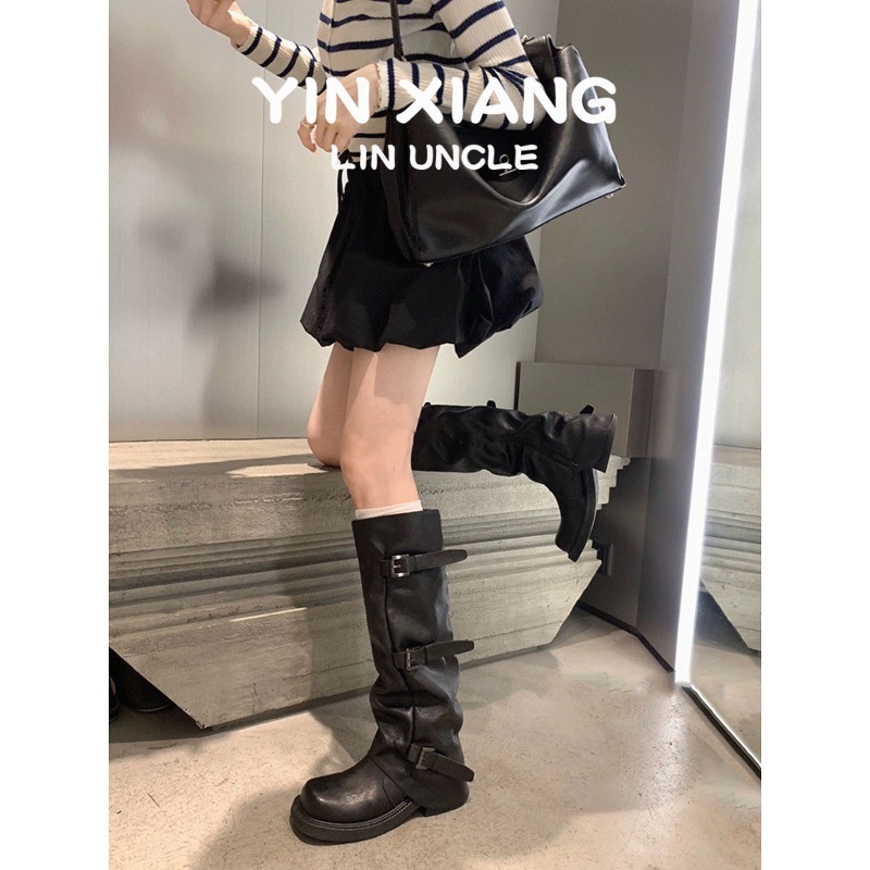 牛皮版废土风美拉德夏天靴子女新疆厚底裤管靴女褶皱短筒堆堆长靴|undefined