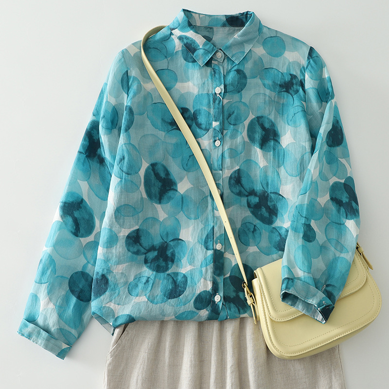 2026 early autumn new blue bubble print cardigan top, lightweight sun protection shirt with polo collar and long sleeves for women