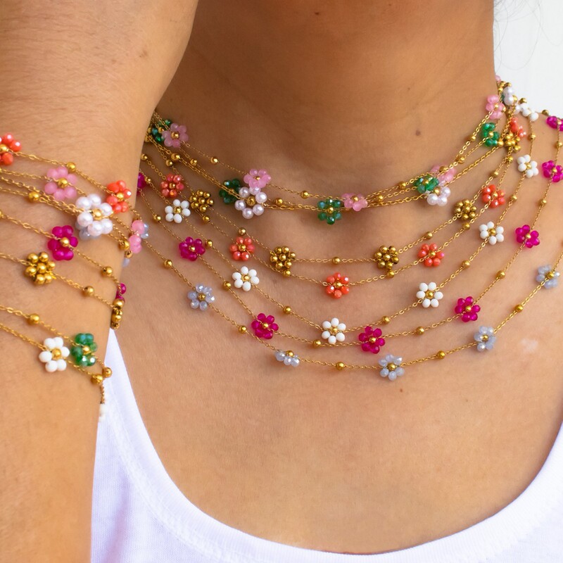Cross-Border Bohemian Style Hand-Woven Flowers Colorfulful Millet Beads Beaded Flowers Stainless Steel Necklace Bracelet Set