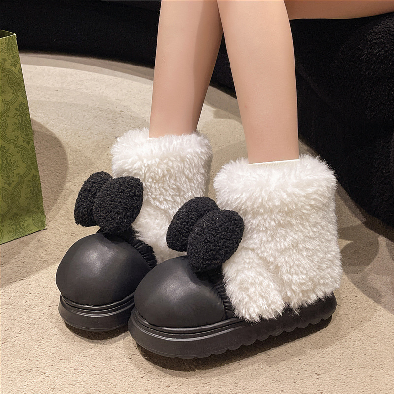 Zapatillas de algodón con tacón de suela gruesa para mujer 2024 nuevas zapatillas de cuero PU para el hogar en invierno más zapatos de algodón de caña alta cálidos de terciopelo image 9