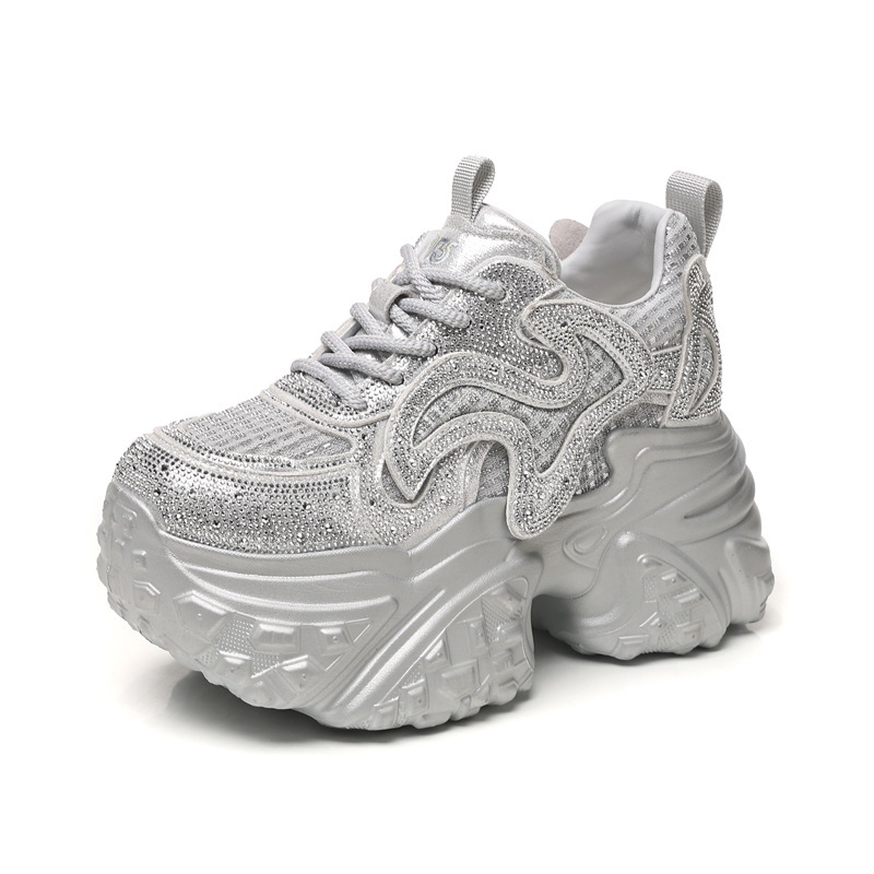 Giày sneaker nữ đế dày chunky lưới thoáng khí tăng chiều cao — màu trắng