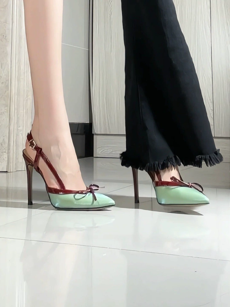 Босоножки-шпильки из овчины, ретро-стиль, бантик, заостренный носок, новая модель 2025 года, красивые и удобные.